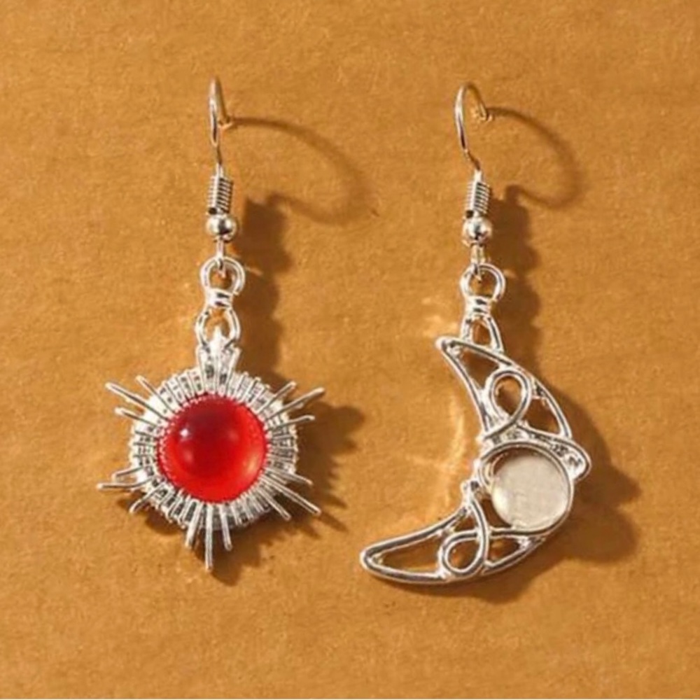 Bohemian Astrology Sun Moon Silver Wire Wrapped Celestial Stone Mismatch Dangles